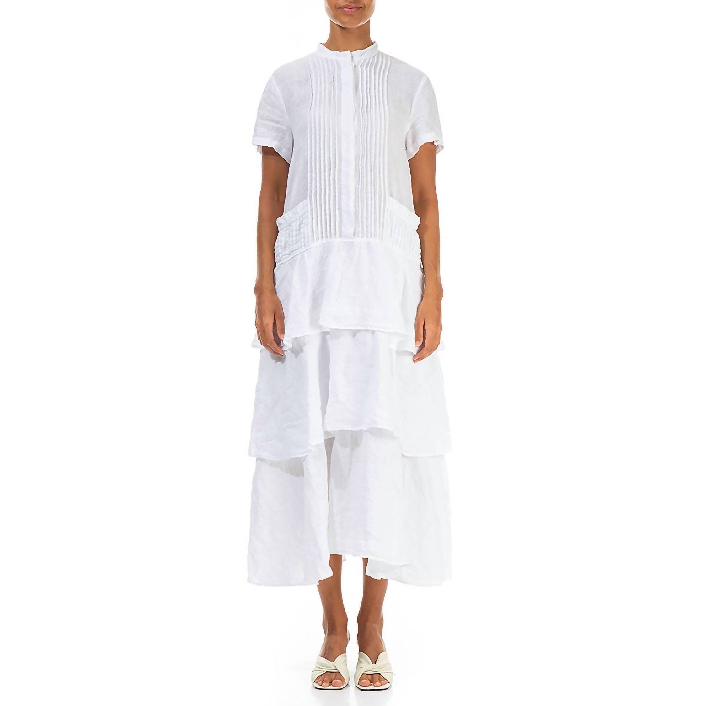 New Grizas Linen Pleated Front Dress With Tiered Skirt In White
